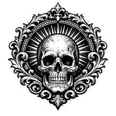 Fototapeta premium Intricate black and white human skull illustration, vintage gothic engraving style, featuring an ornate baroque floral frame and radiant sunburst halo. Perfect for dark aesthetics, tattoo art, apparel