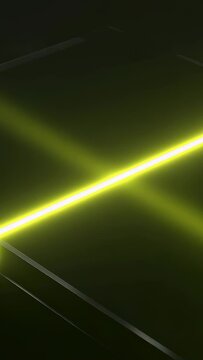 Vertical video: Neon beam crossing center in studio, 2nd beam rising forming X with metal strips