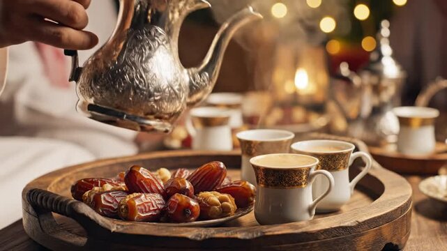 Hand pours traditional Arabic coffee from dallah into cups