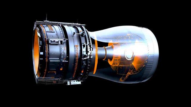 Large metallic rocket engine nozzle with dark body and glowing orange interior isolated on black background