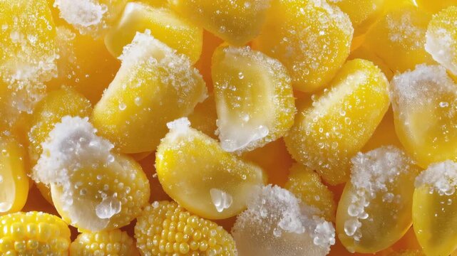 Macro frozen sweet corn kernels with ice crystals and condensation droplets melting 60 FPS