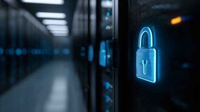 Cyber security data protection digital padlock network safety secure server encryption technology privacy glowing futuristic