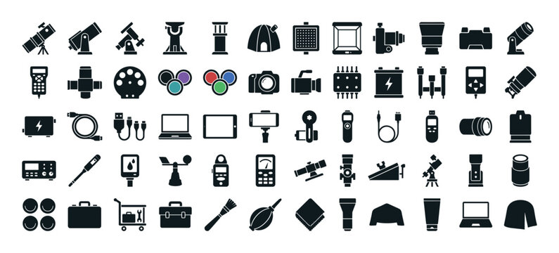 Collection of photography and astronomy equipment icons on a white background