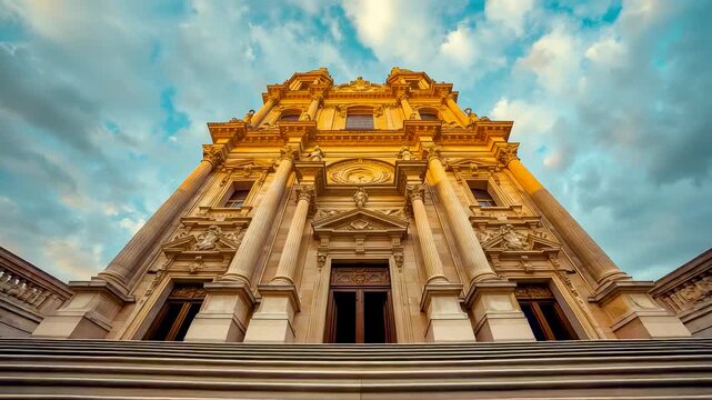 Ornate baroque building facade with columns statues and golden details viewed from low angle against blue sky