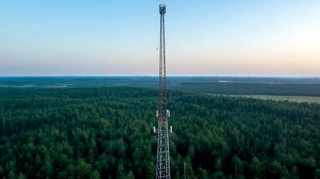 Tall metal communication tower rising above dense green forest canopy under clear sky at dawn