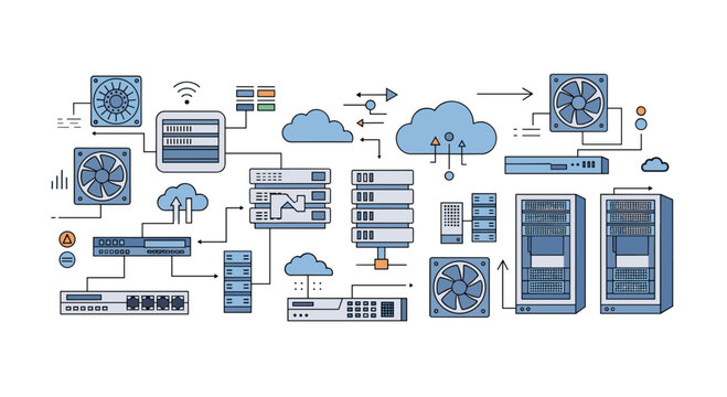 A detailed network infrastructure diagram illustrating server racks, cooling fans, cloud computing icons, and data flow, rendered in an outline style with blue accents on a white background.