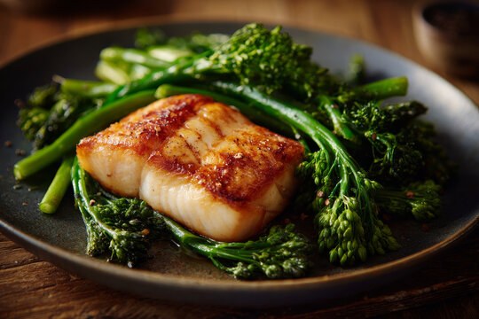 Grilled fish broccolini healthy food gourmet meal dinner plate rustic table green vegetable cooked seafood restaurant style closeup view Grilled fish broccolini healthy food gourmet meal dinner