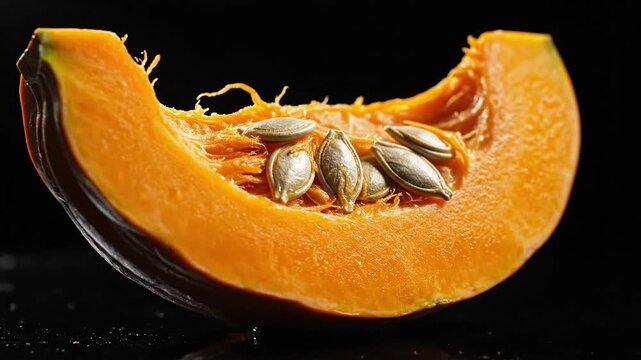 Close-up of a vibrant orange pumpkin slice with seeds against a dark, reflective background