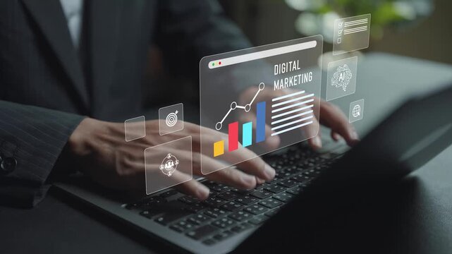 Digital marketing analytics concept. User using laptop with marketing dashboard and performance icons, data driven strategy, online promotion and brand development.