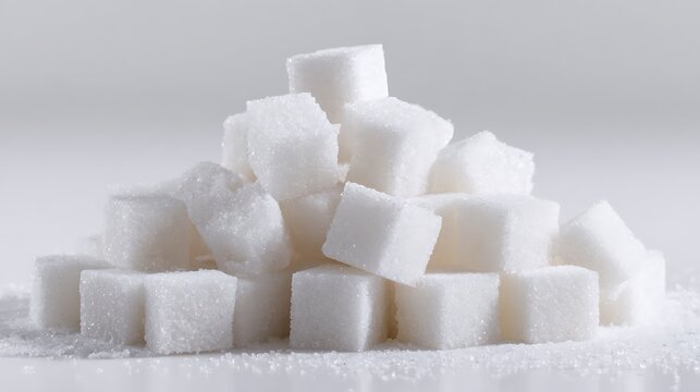 A pile of white sugar cubes rests on a white surface.