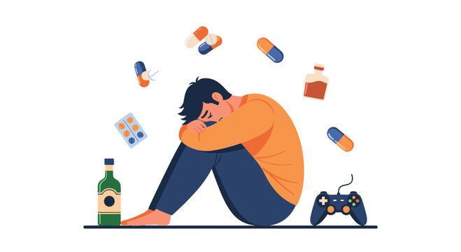 An illustration of a person sitting curled up in distress, surrounded by pills, an alcohol bottle, and a video game controller, is displayed on a white background.