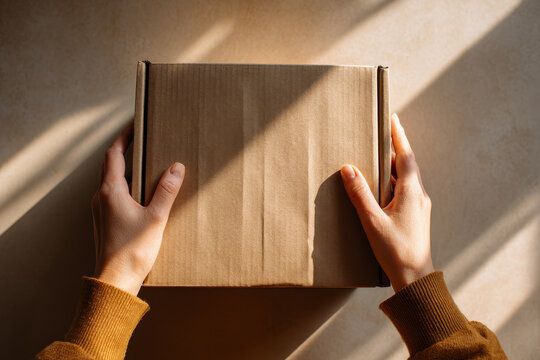 Hands holding cardboard box delivery parcel packaging shipping courier unboxing brown cardboard mail warm sunlight enhances simple cardboard box as hands hold parcel with gentle anticipation