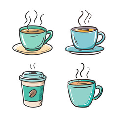 Obraz premium Four steaming cups of coffee and a takeaway cup for morning beverage and cafe