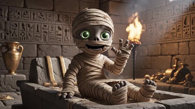 Cartoon mummy baby sits on sarcophagus, hieroglyphs on the wall, fire torch burning