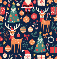Christmas seamless pattern with Santa Claus, reindeer, trees, and ornaments vector © png stock