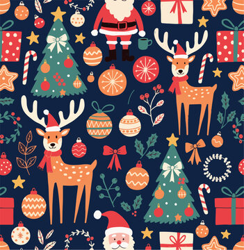 Christmas seamless pattern with Santa Claus, reindeer, trees, and ornaments vector