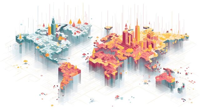 Abstract 3D World Map with Colorful Blocks and City Skylines.