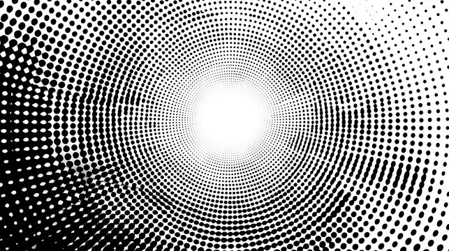 Abstract black and white halftone dot pattern creating a radial tunnel effect.