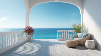 Luxurious balcony sea view coastal terrace ocean horizon blue sky white architecture summer sunlight wicker chair tropical plant vacation escape