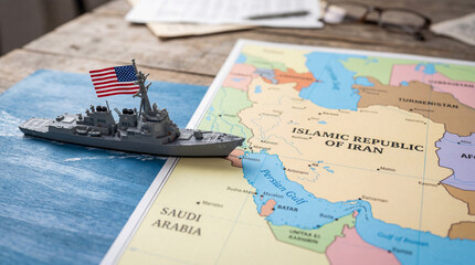 A toy US warship on the map of the Persian Gulf,  © Haani Pasha