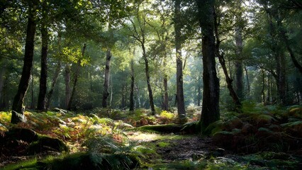 Fototapeta premium Beautiful, isolated, serene, unpopulated landscape showcasing New Forest – Ancient woodland and heathland in Hampshire