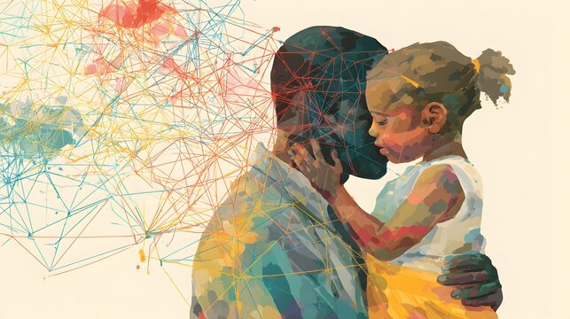 Abstract watercolor painting of a father holding his daughter with colorful geometric patterns.