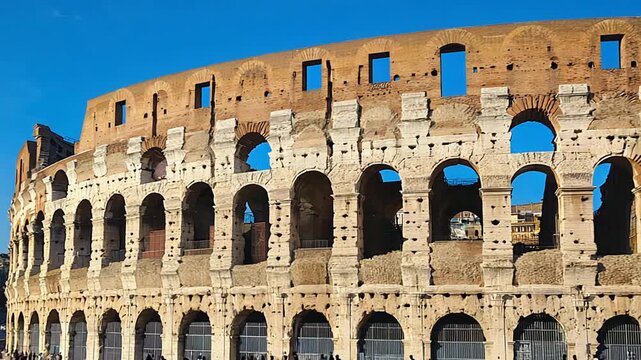 Ancient Roman Colosseum Exterior Archway Detail, Sunlight, Historical Architecture, Roman Empire, Italy, Travel Photography.