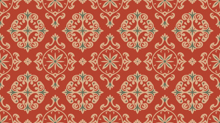 Fototapeta premium An ornate seamless pattern features symmetrical floral and paisley like motifs in muted gold against a rich coral red background high quality professional detailed modern elegant