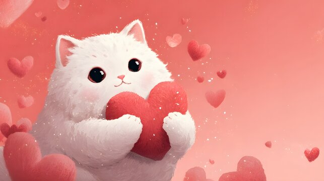 Adorable Fluffy White Cat Cuddling a Red Heart on a Pink Background.