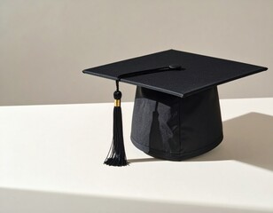 Classic black graduation cap with a neatly tied black tassel and a golden accent rests on a clean, light surface, symbolizing academic success and future achievements
