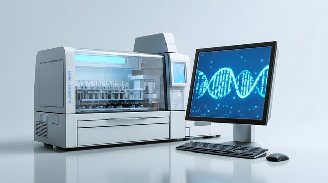 Advanced DNA Sequencing Machine and Computer Displaying Genetic Helix.