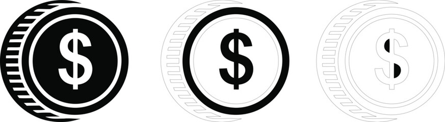 Obraz premium Black and white illustration of three dollar coins with decreasing visibility