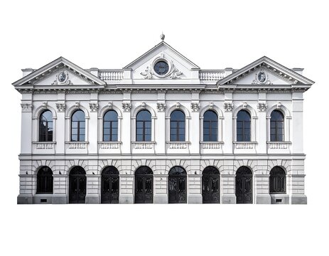 Ornate, symmetrical building facade in white. Detailed architectural elements including arched windows and decorative pediments