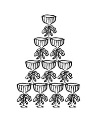 Elegant whimsical vintage champagne tower with bows in hand-drawn style. Isolated vector illustration. Holiday bachelorette or wedding alcoholic drinks. © Екатерина Тарасова
