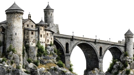 Fototapeta premium Ancient Stone Castle and Arched Bridge on Rocky Cliff Isolated on White Background.