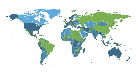 Obraz premium A colorful world map showcases individual countries rendered in varying shades of blue and green, creating a clear visual distinction against a white background.