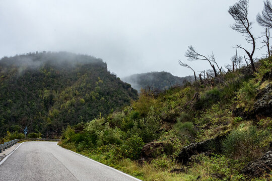 Winding Mountain Road Below Misty Volcanic Ridges of Mount Vesuvius