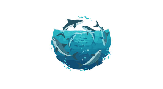 Various sharks and smaller fish are actively swimming within a circular blue body of water, some breaking the surface.