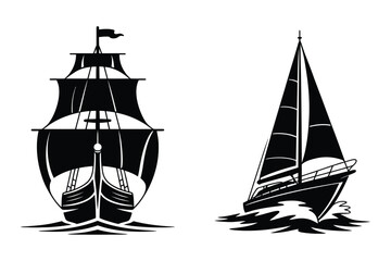 Classic Sailing Ship and Modern Yacht - Nautical Travel Silhouettes © Sadek
