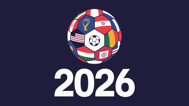 A colorful soccer ball comprised of various national flags is prominently displayed alongside the large numerals 2026 suggesting a world cup event high quality professional detailed