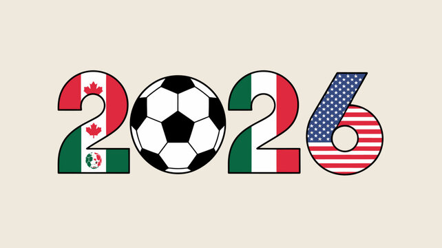 The number 2026 is creatively displayed incorporating the flags of canada mexico and the united states alongside a soccer ball high quality professional detailed modern elegant