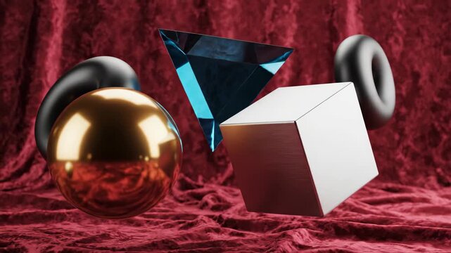Various geometric shapes float over a textured, deep red background. The forms include a sphere, a cube, a torus, and a triangular prism