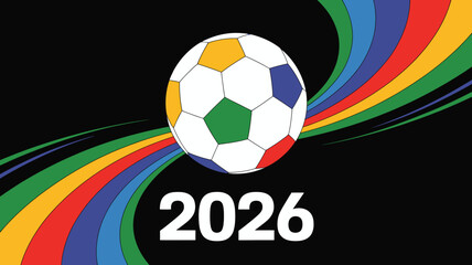 A colorful graphic features a soccer ball centered against a backdrop of vibrant swirling ribbons and the year 2026 high quality professional detailed modern elegant stylish © DesignHub