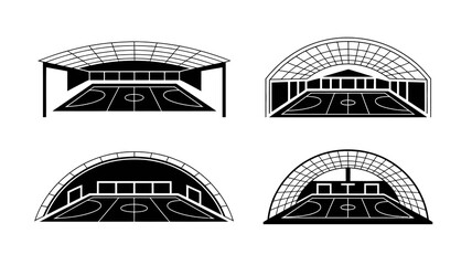 A black and white architectural illustration depicts four variations of a stadium or arena with arched roofs and seating high quality professional detailed modern elegant stylish © DesignHub