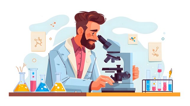 Bearded male scientist in lab coat using microscope in a laboratory.