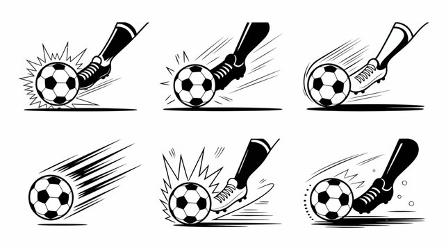 A sequence of black and white illustrations depicts a soccer ball being kicked by a cleated shoe showcasing impact and motion high quality professional detailed modern