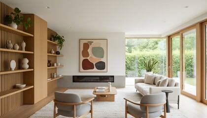 Fototapeta premium Contemporary Scandinavian Minimalist Living Room with Abstract Painting