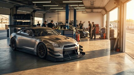 Fototapeta premium Tuned race car in a garage with men mechanics working on another vehicle. High-fidelity tuning studio for gigapixel performance cars.
