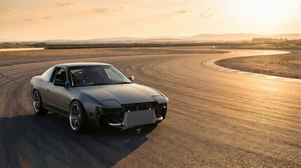 Obraz premium Gray modified sports car with exposed intercooler on a race track at sunset. Performance tuning and drift car concept for automotive industry.