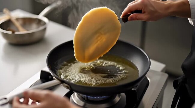 Cooking thin egg omelet or crepe in a frying pan on stove